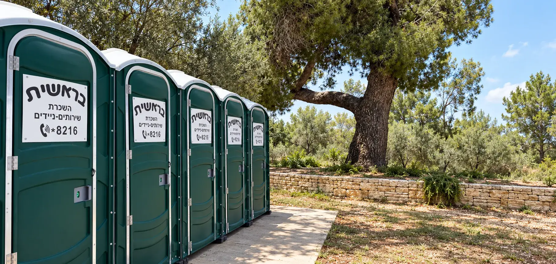 שורת תאי שירותים כימיים של בראשית ליד עץ אלון ושדרת עצים
